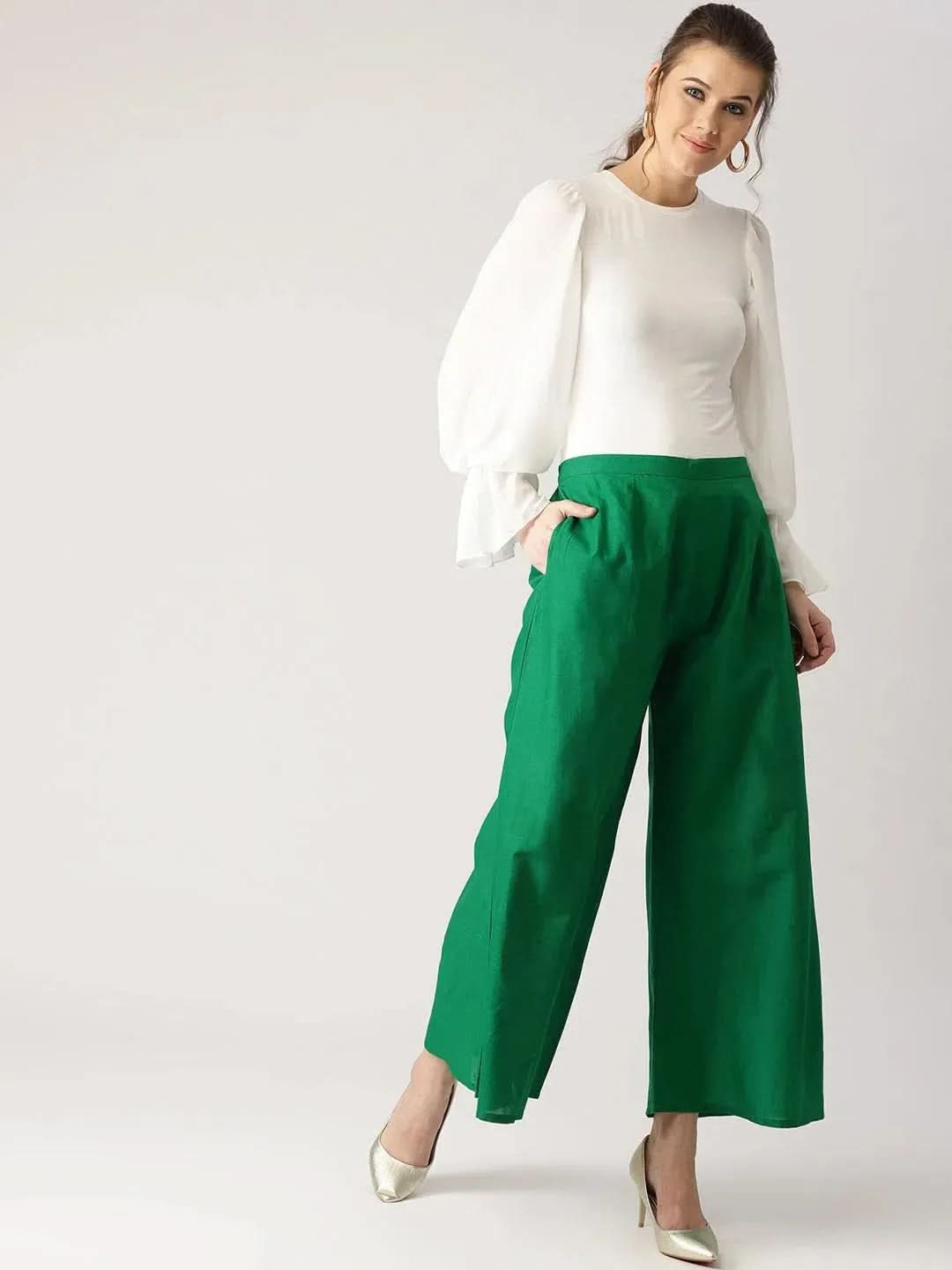 Green Solid Cotton Palazzos - Libas