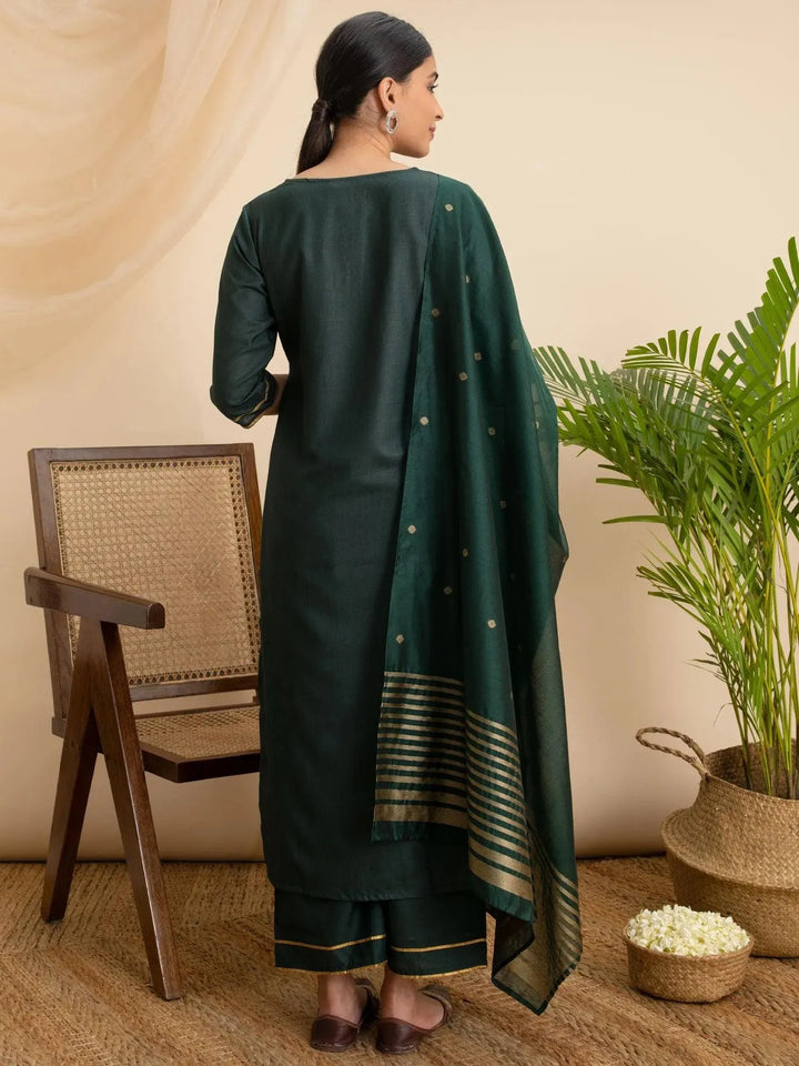 Green Solid Cotton Suit Set - Libas