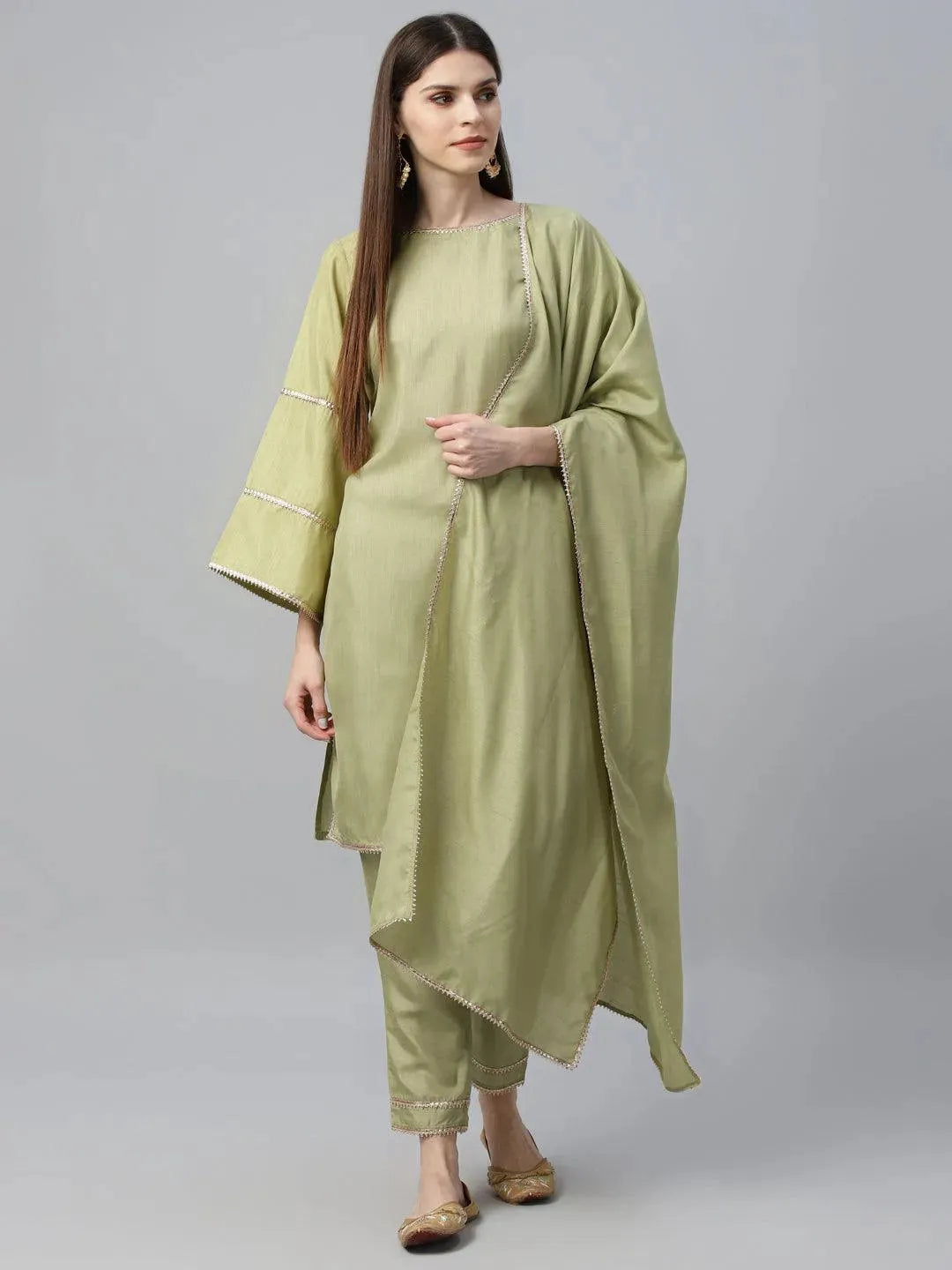 Green Solid Polyester Straight Kurta With Dhoti Pant & Dupatta 
Green Solid Polyester Straight Kurta With Dhoti Pant & Dupatta