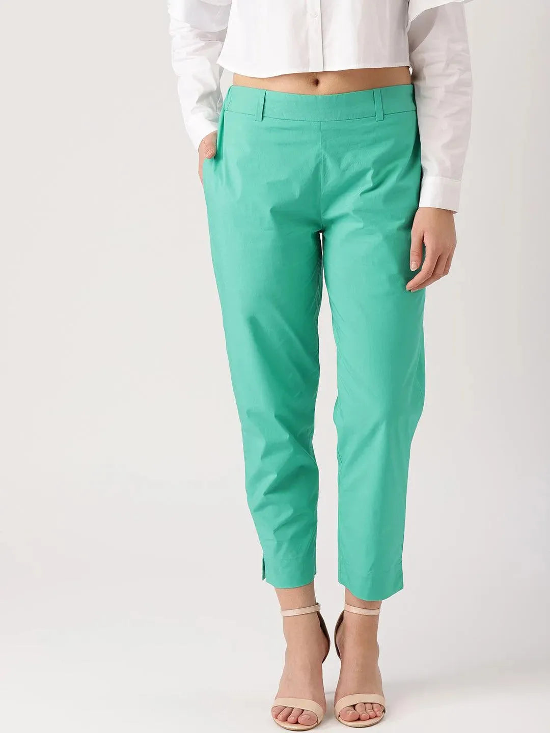 Green Solid Polyester Trousers - Libas