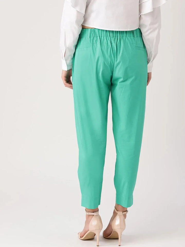 Green Solid Polyester Trousers - Libas
