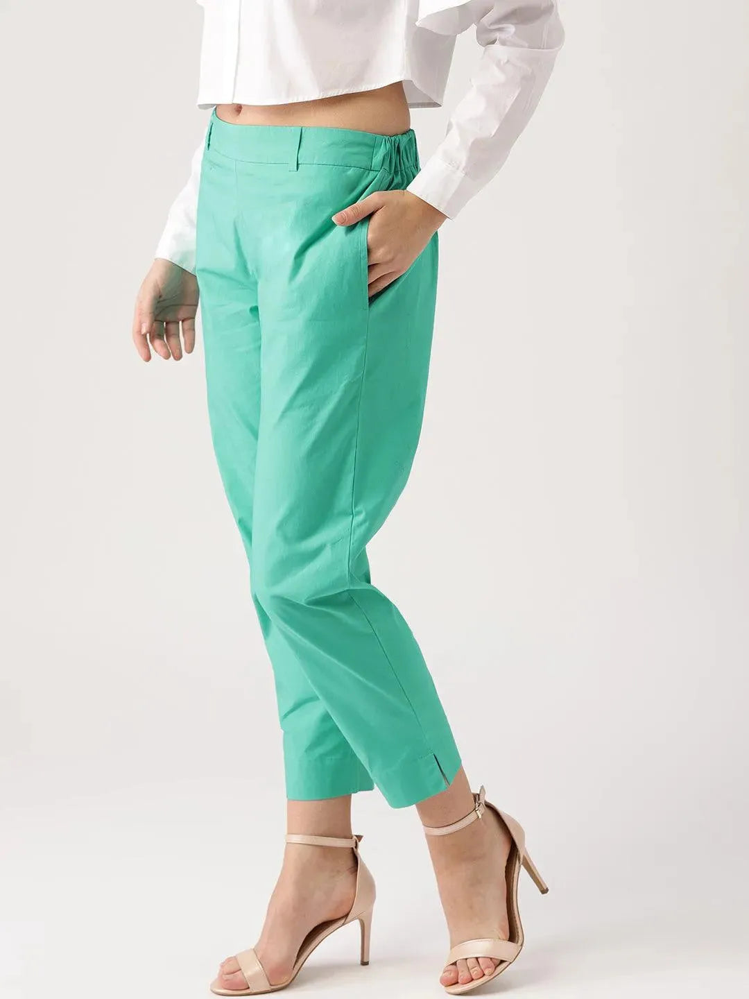 Green Solid Polyester Trousers - Libas