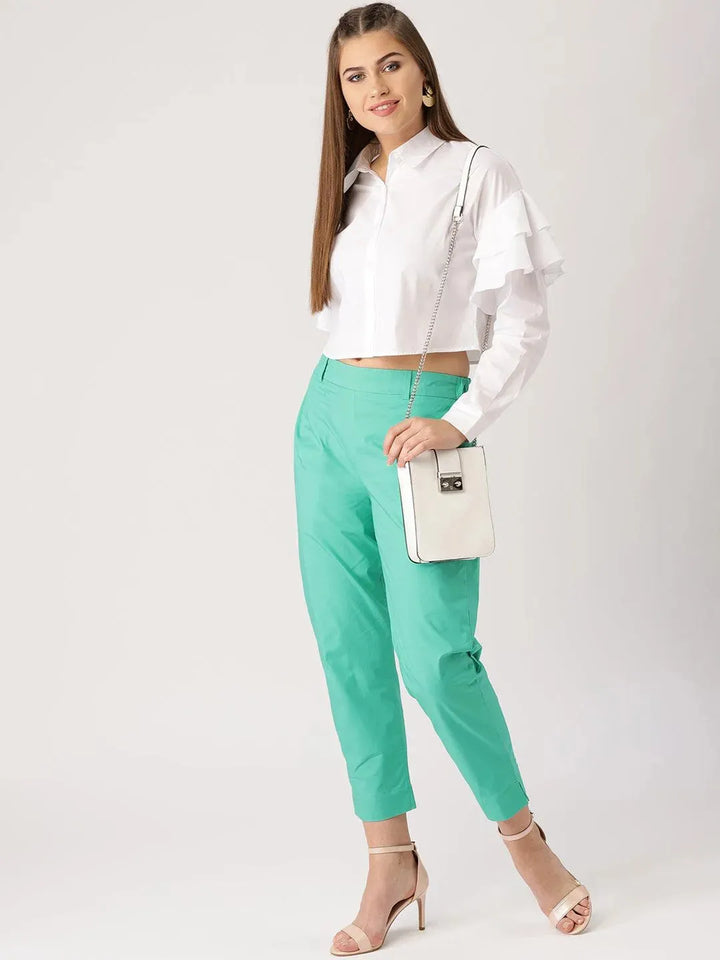 Green Solid Polyester Trousers - Libas
