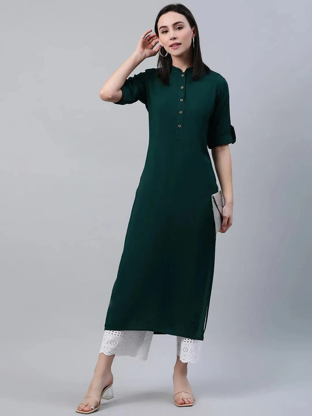 Green Solid Rayon Kurta - Libas