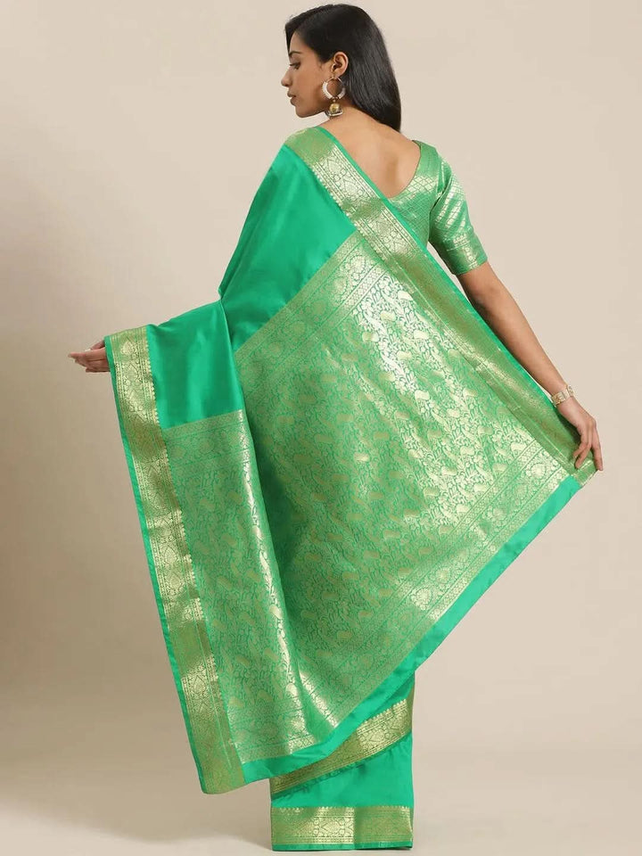 Green Solid Silk Blend Saree - Libas