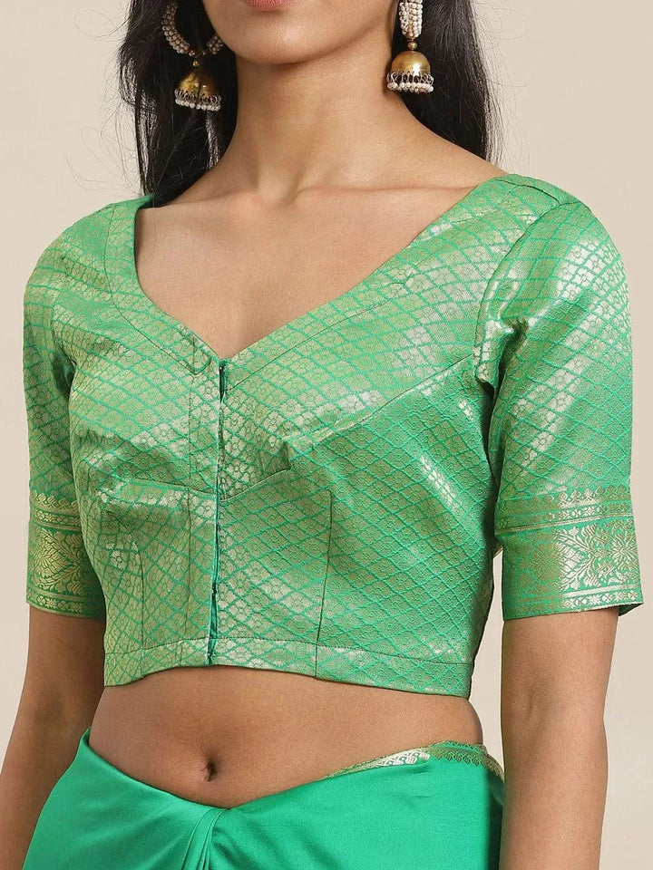 Green Solid Silk Blend Saree - Libas