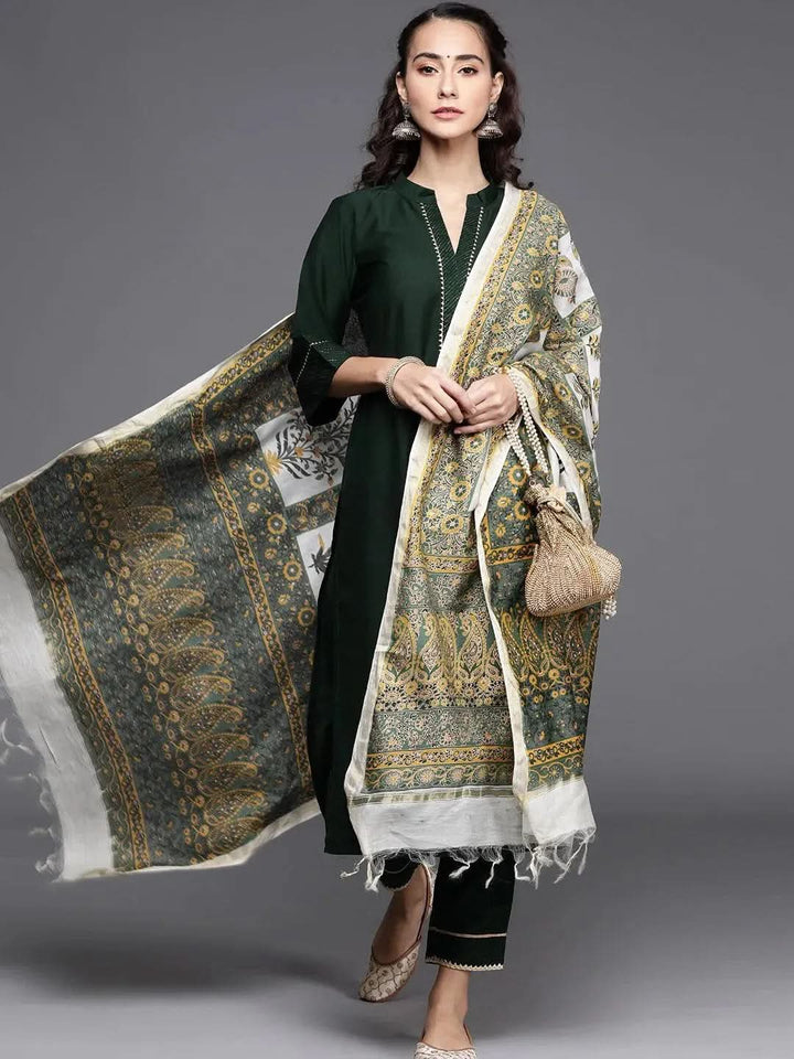 Green Solid Silk Blend Suit Set - Libas