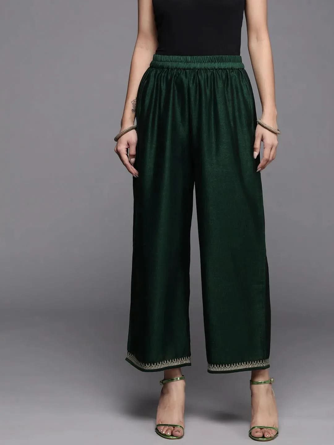 Green Solid Silk Palazzos - Libas