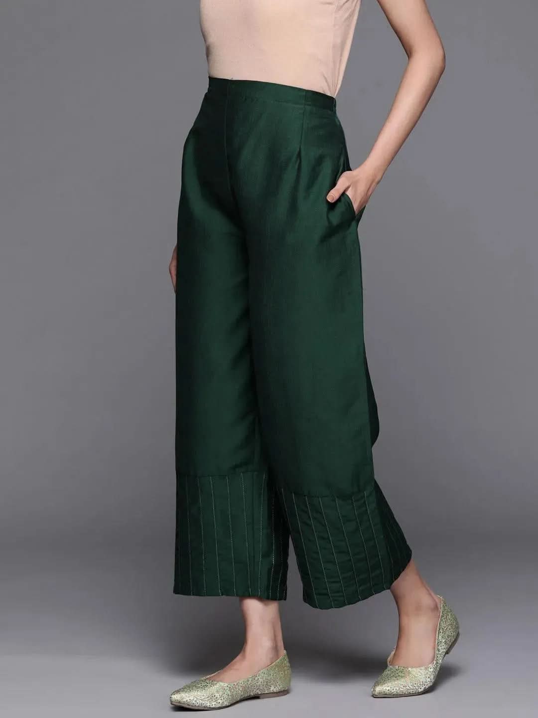 Green Solid Silk Palazzos - Libas