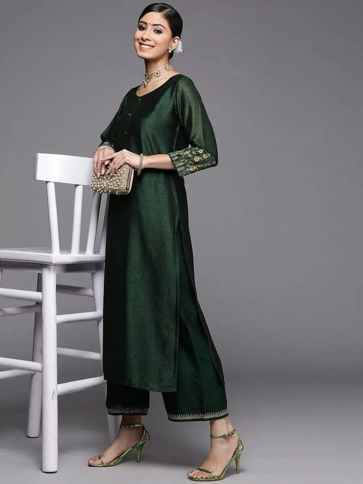 Green Solid Silk Palazzos - Libas