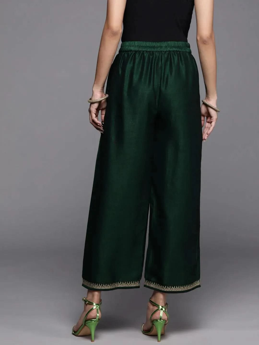 Green Solid Silk Palazzos - Libas