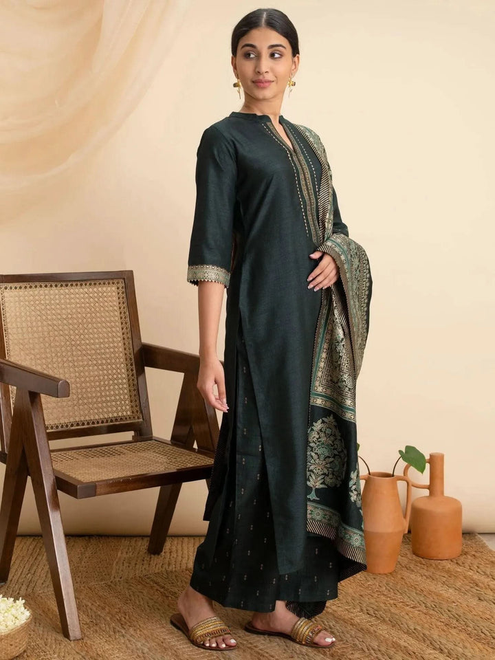 Green Solid Silk Suit Set - Libas