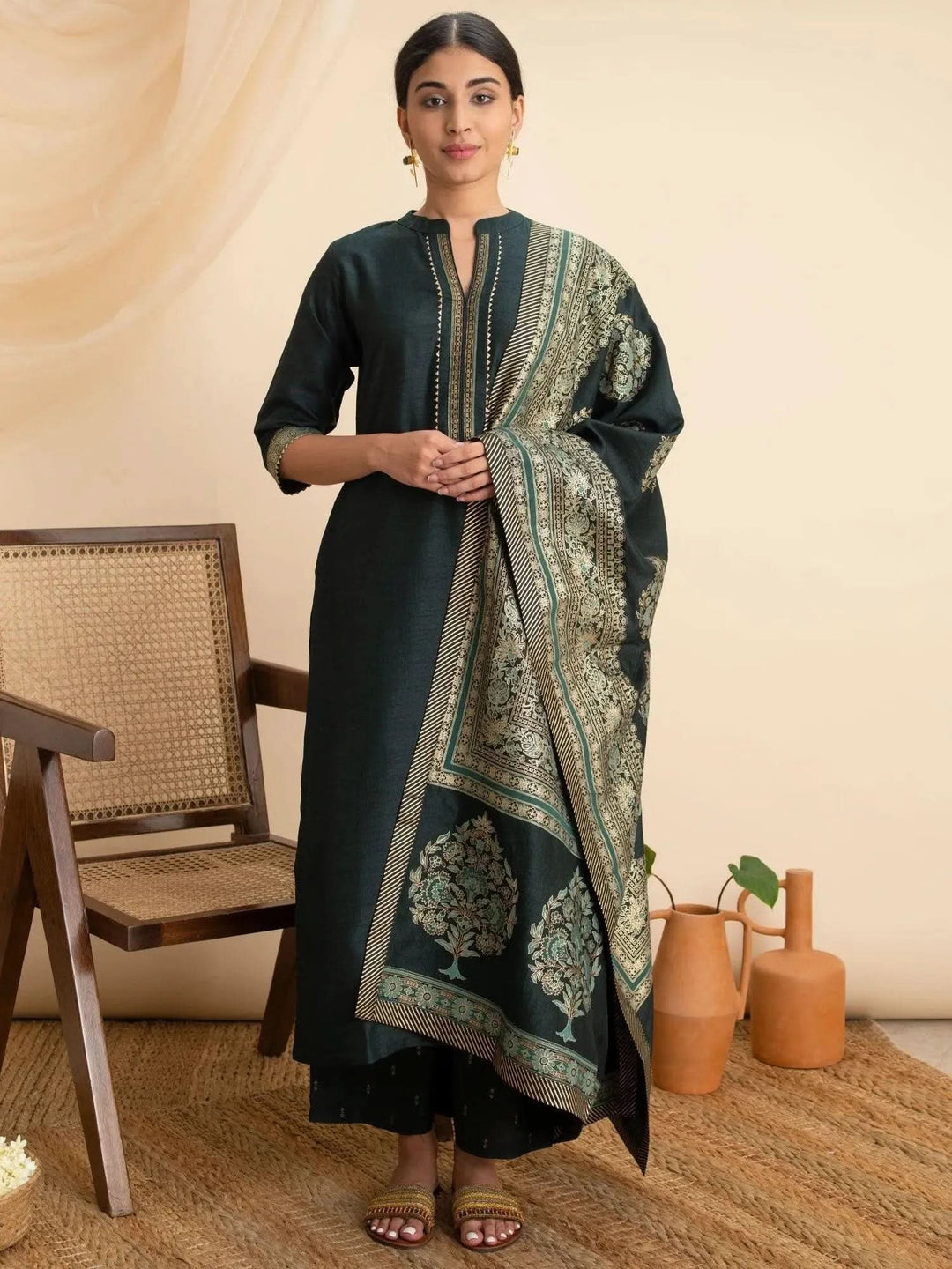 Green Solid Silk Suit Set - Libas
