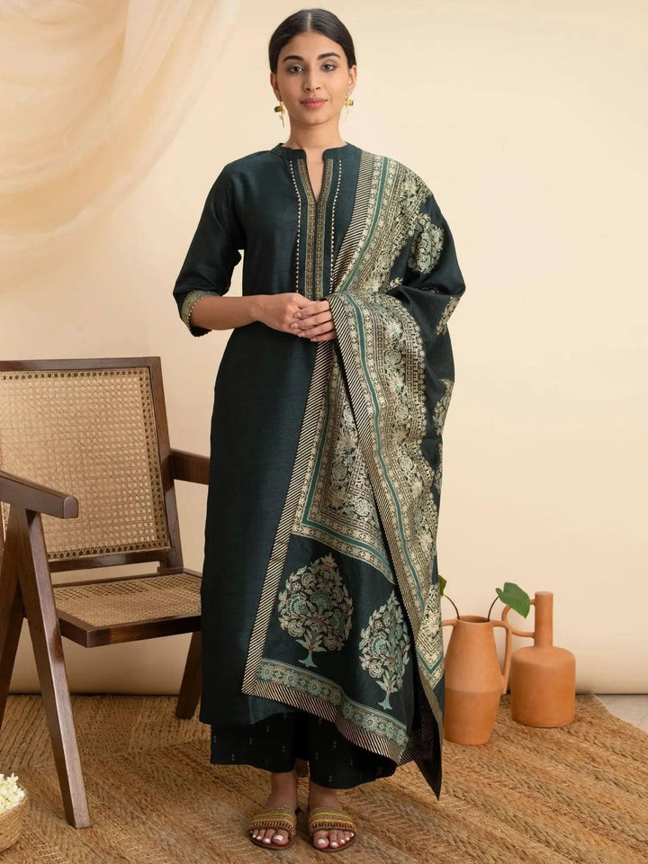 Green Solid Silk Suit Set - Libas