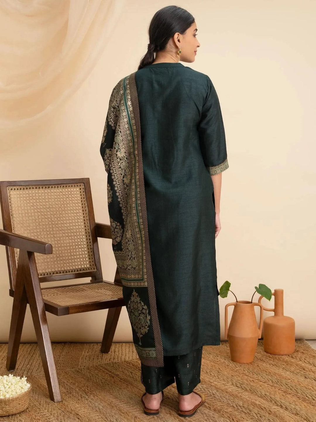 Green Solid Silk Suit Set - Libas