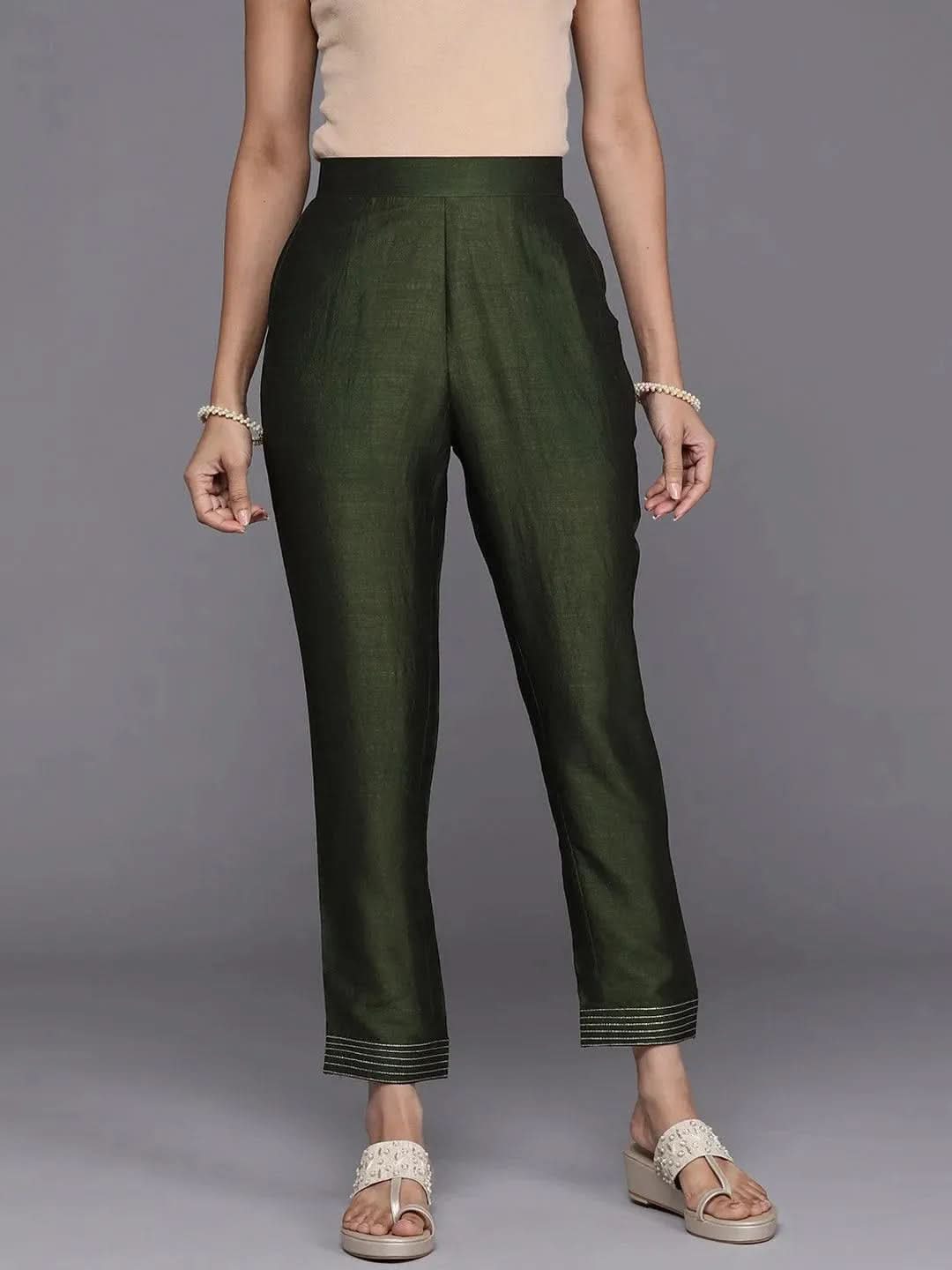 Green Solid Silk Trousers