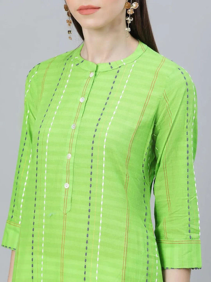 Green Striped Cotton Kurta - Libas