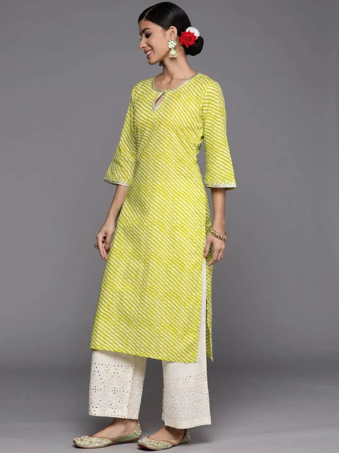 Green Striped Cotton Straight Kurta - Libas