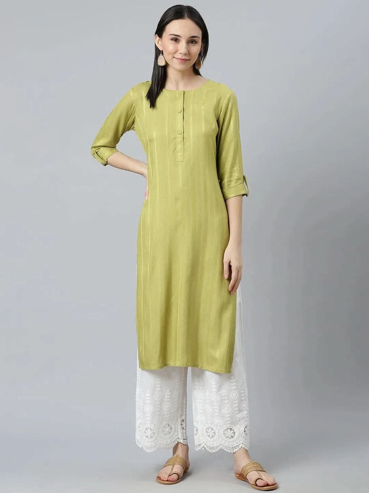 Green Striped Rayon Kurta - Libas