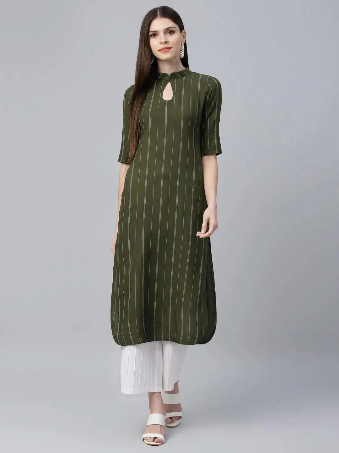 Green Striped Rayon Kurta - Libas