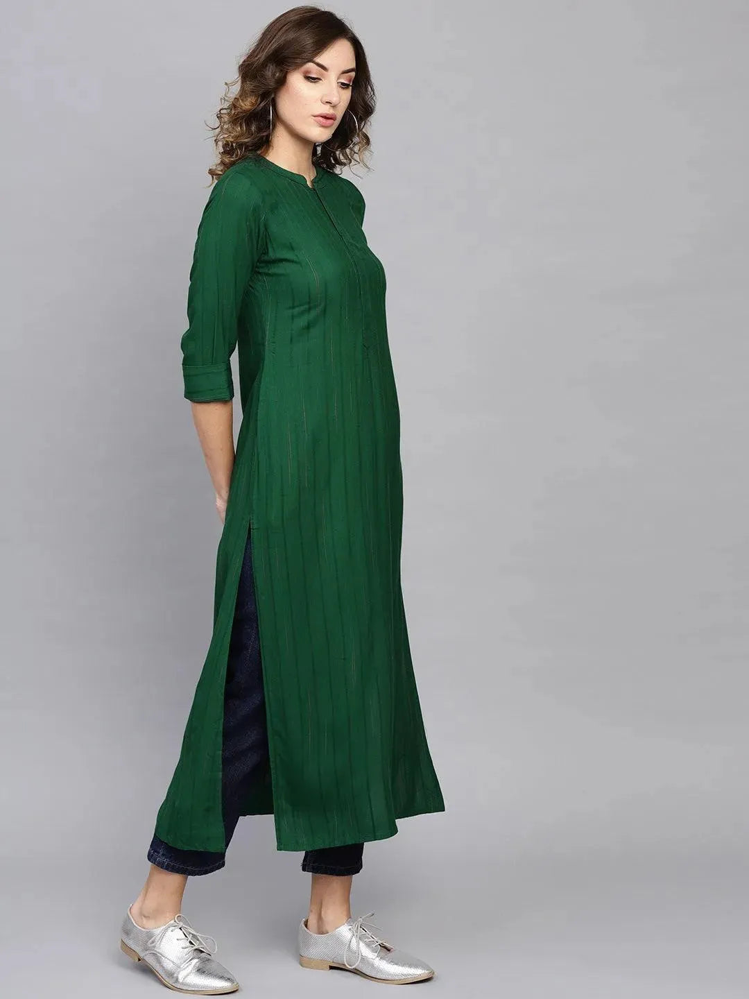 Green Striped Rayon Kurta - Libas