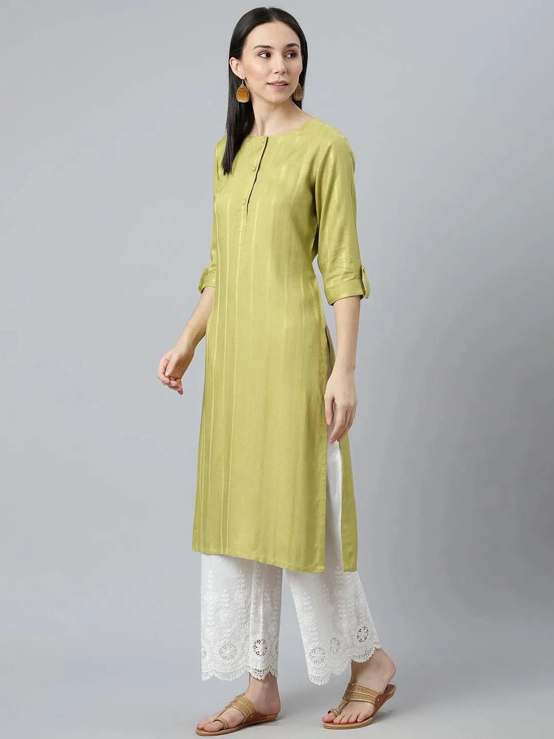 Green Striped Rayon Kurta - Libas