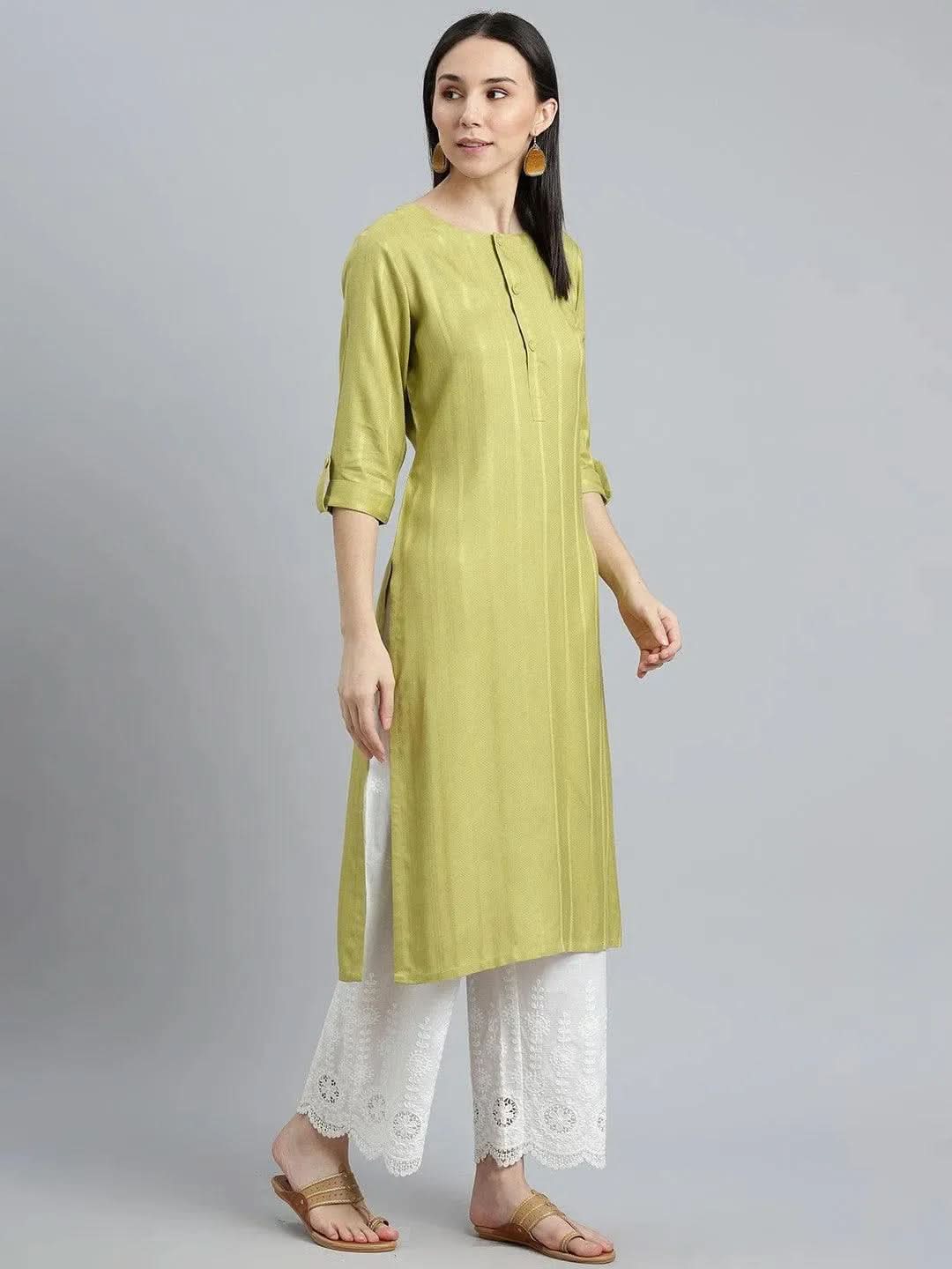 Green Striped Rayon Kurta - Libas