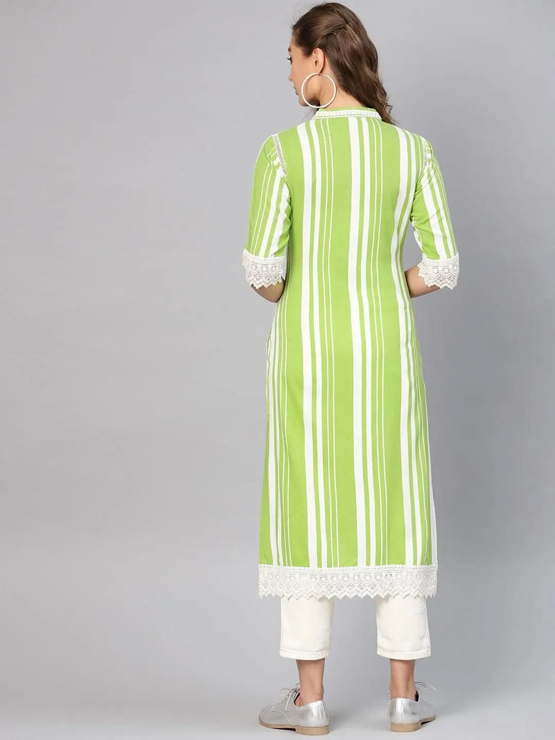 Green Striped Rayon Kurta - Libas