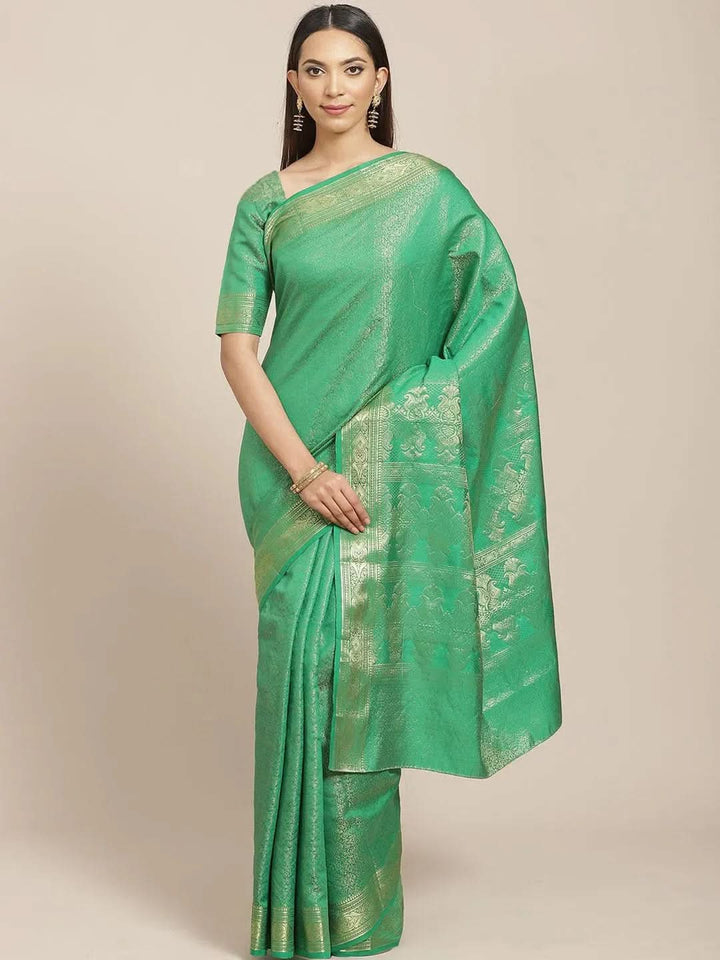 Green Woven Design Brocade Saree - Libas