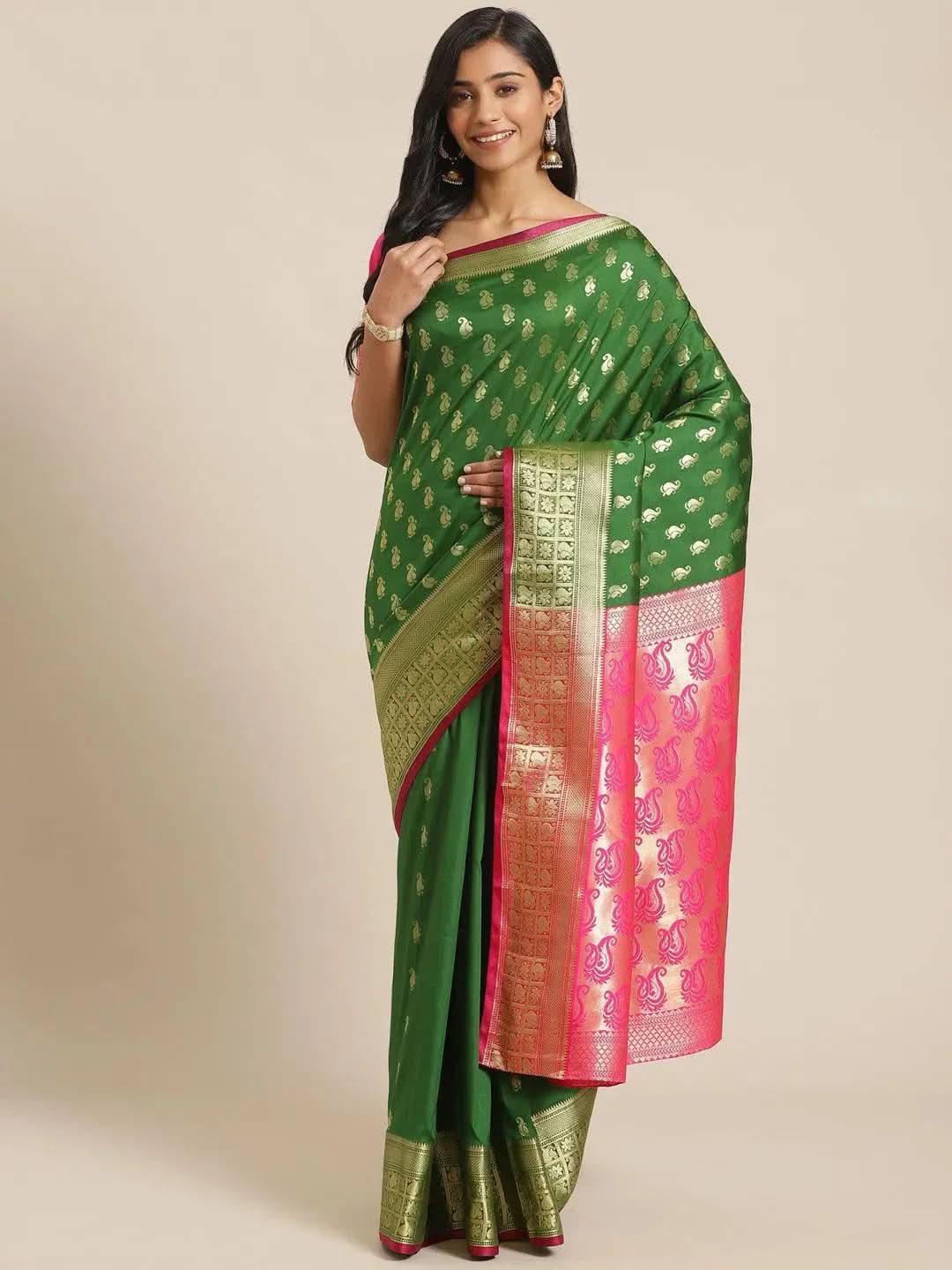 Green Woven Design Brocade Saree - Libas