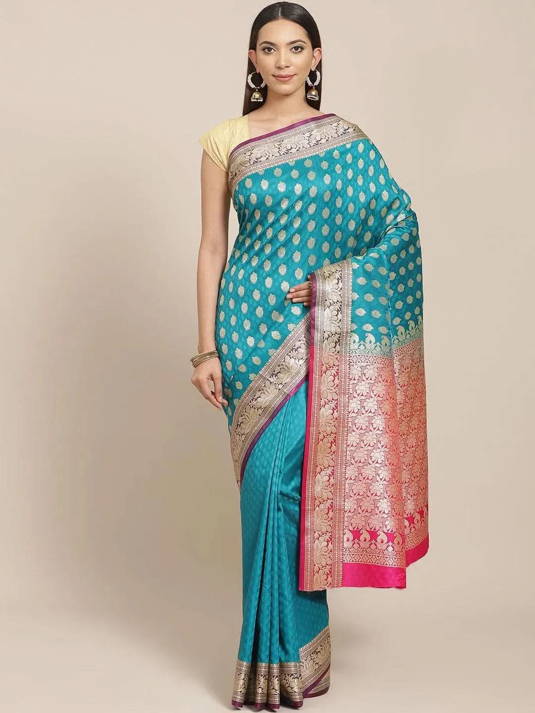 Green Woven Design Brocade Saree - Libas