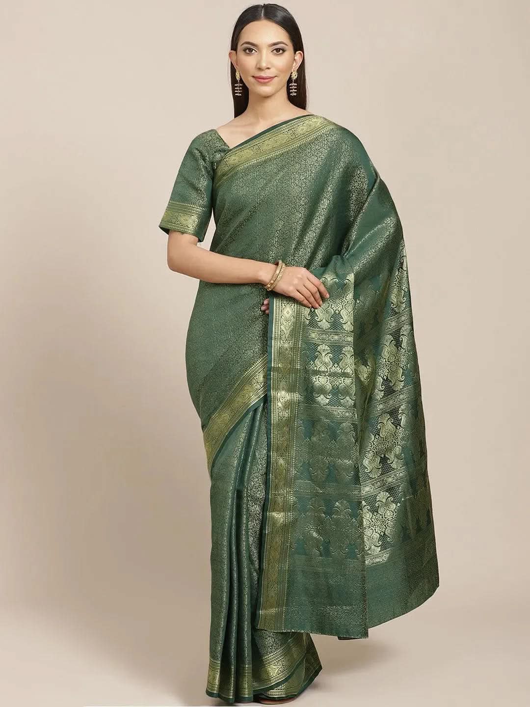 Green Woven Design Brocade Saree - Libas