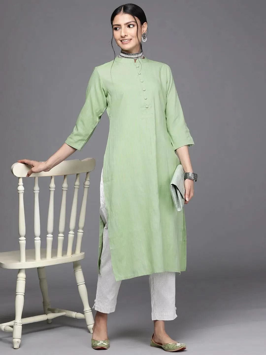 Green Woven Design Cotton Kurta - Libas