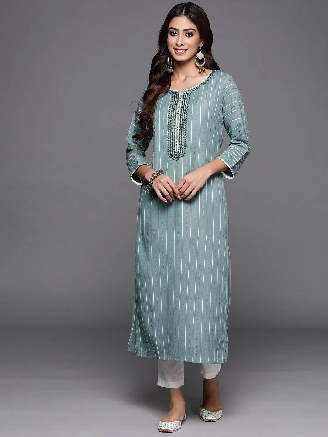 Green Woven Design Cotton Straight Kurta - Libas