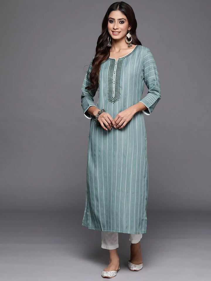 Green Woven Design Cotton Straight Kurta - Libas