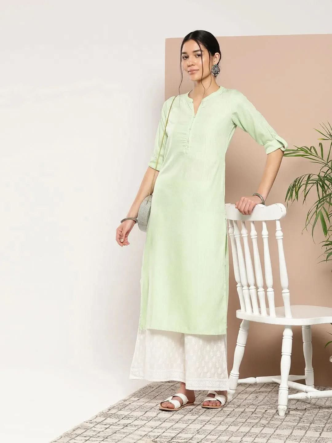 Green Woven Design Cotton Straight Kurta - Libas