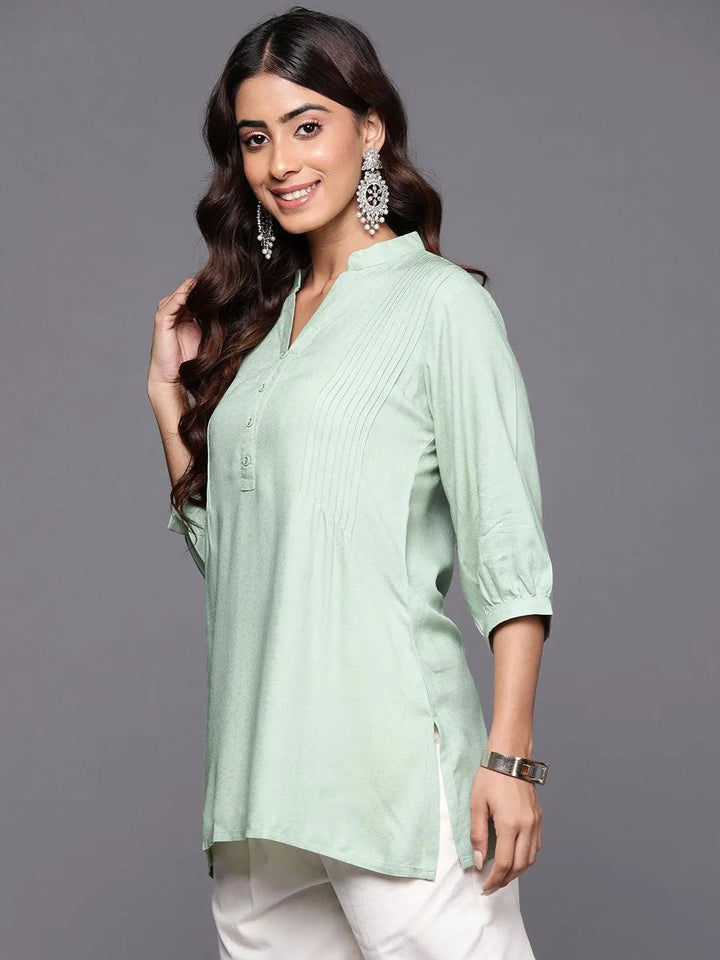 Green Woven Design Rayon Straight Kurti - Libas