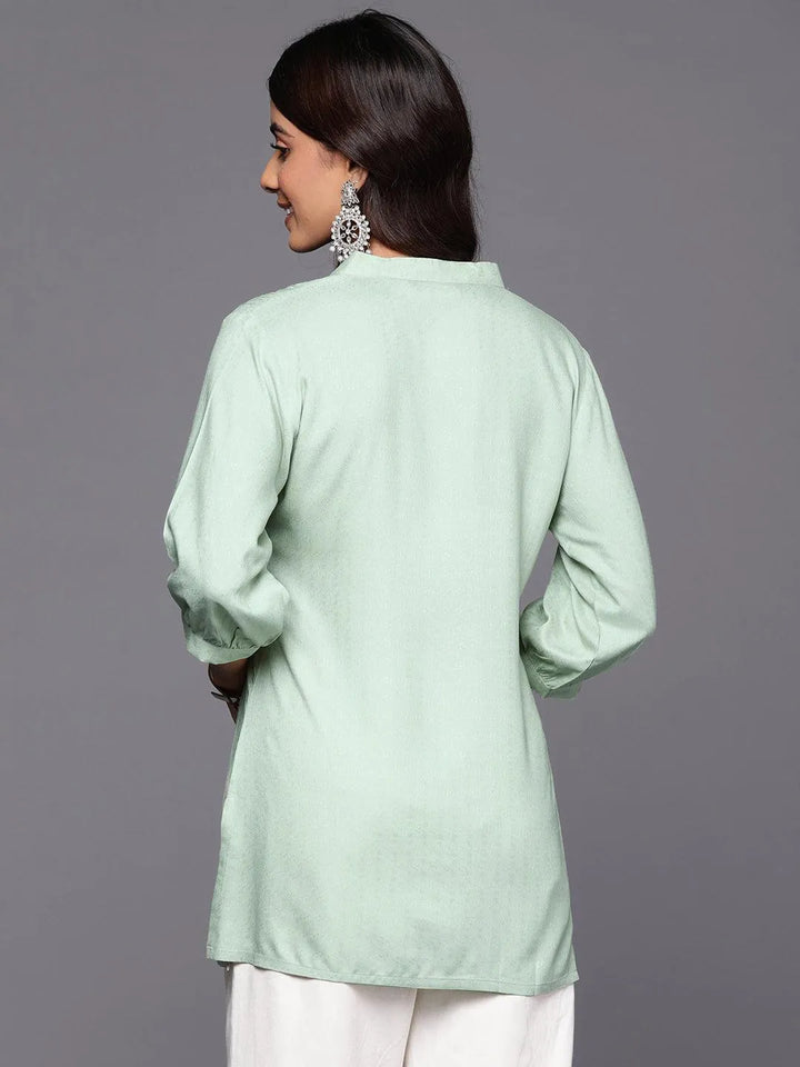 Green Woven Design Rayon Straight Kurti - Libas