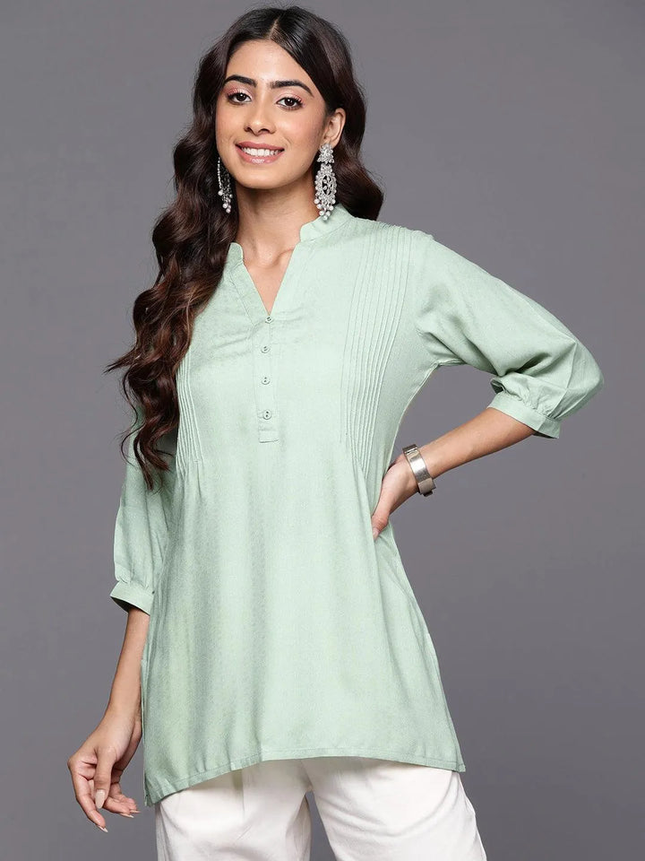 Green Woven Design Rayon Straight Kurti - Libas