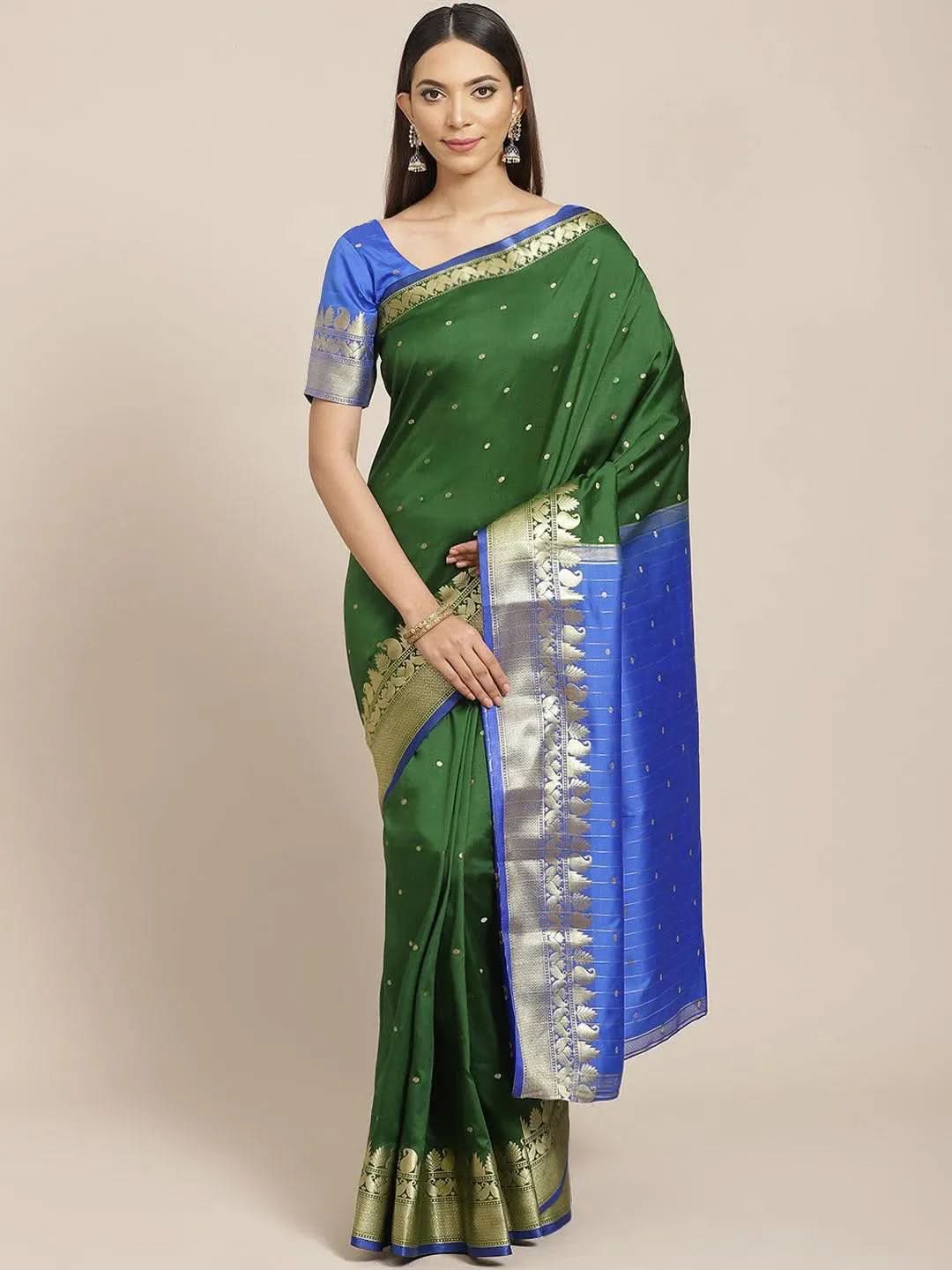 Green Woven Design Silk Saree - Libas