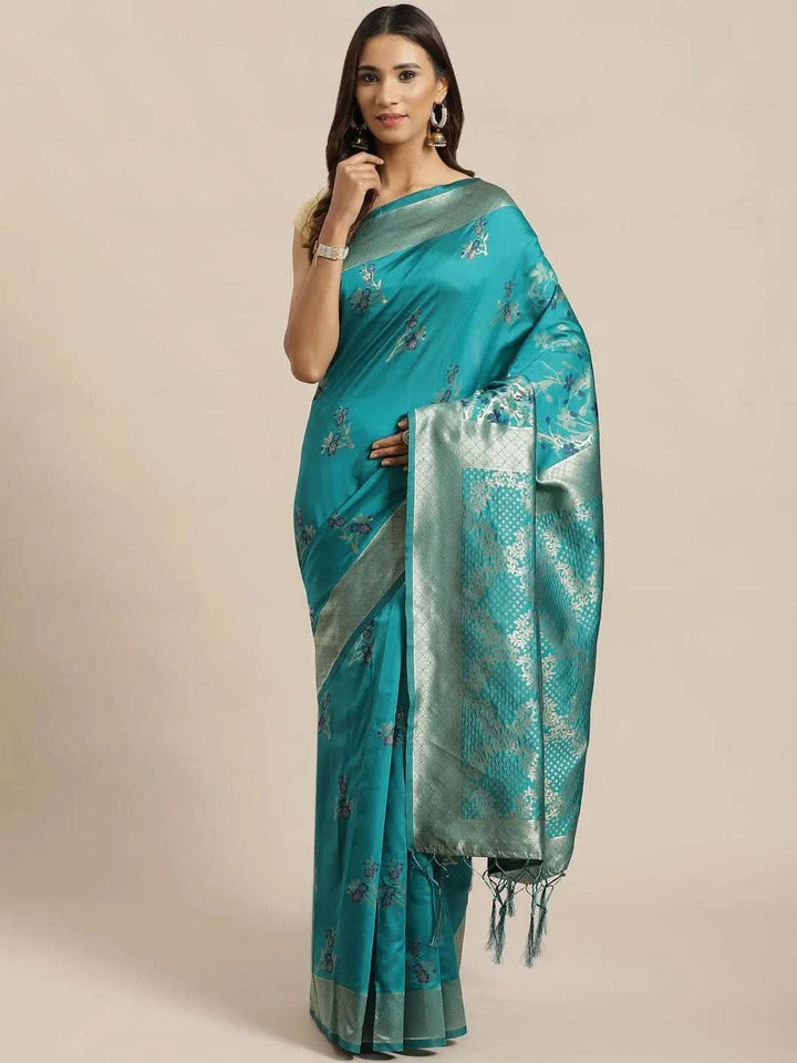 Green Woven Design Silk Saree - Libas