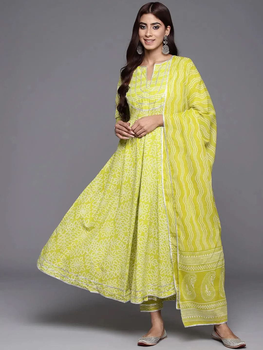 Green Yoke Design Cotton Anarkali Kurta With Trousers & Dupatta - Libas