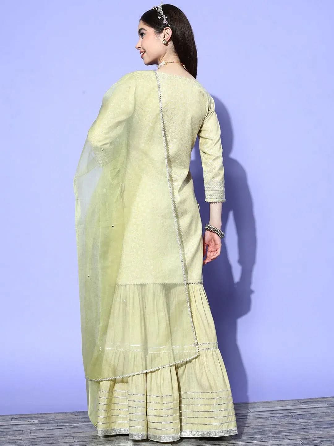 Green Yoke Design Cotton Straight Kurta With Sharara & Dupatta - Libas