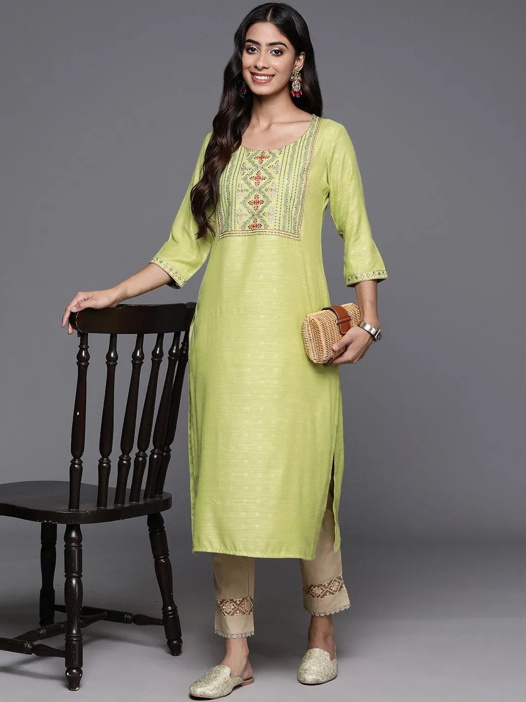 Green Yoke Design Rayon Straight Kurta - Libas