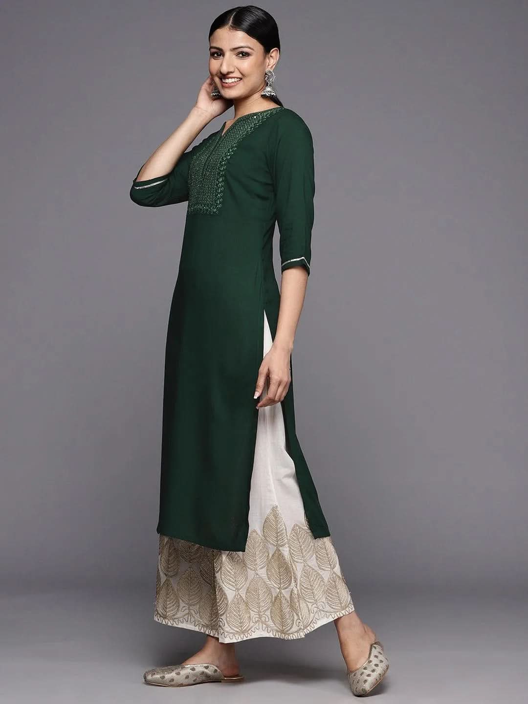 Green Yoke Design Rayon Straight Kurta - Libas