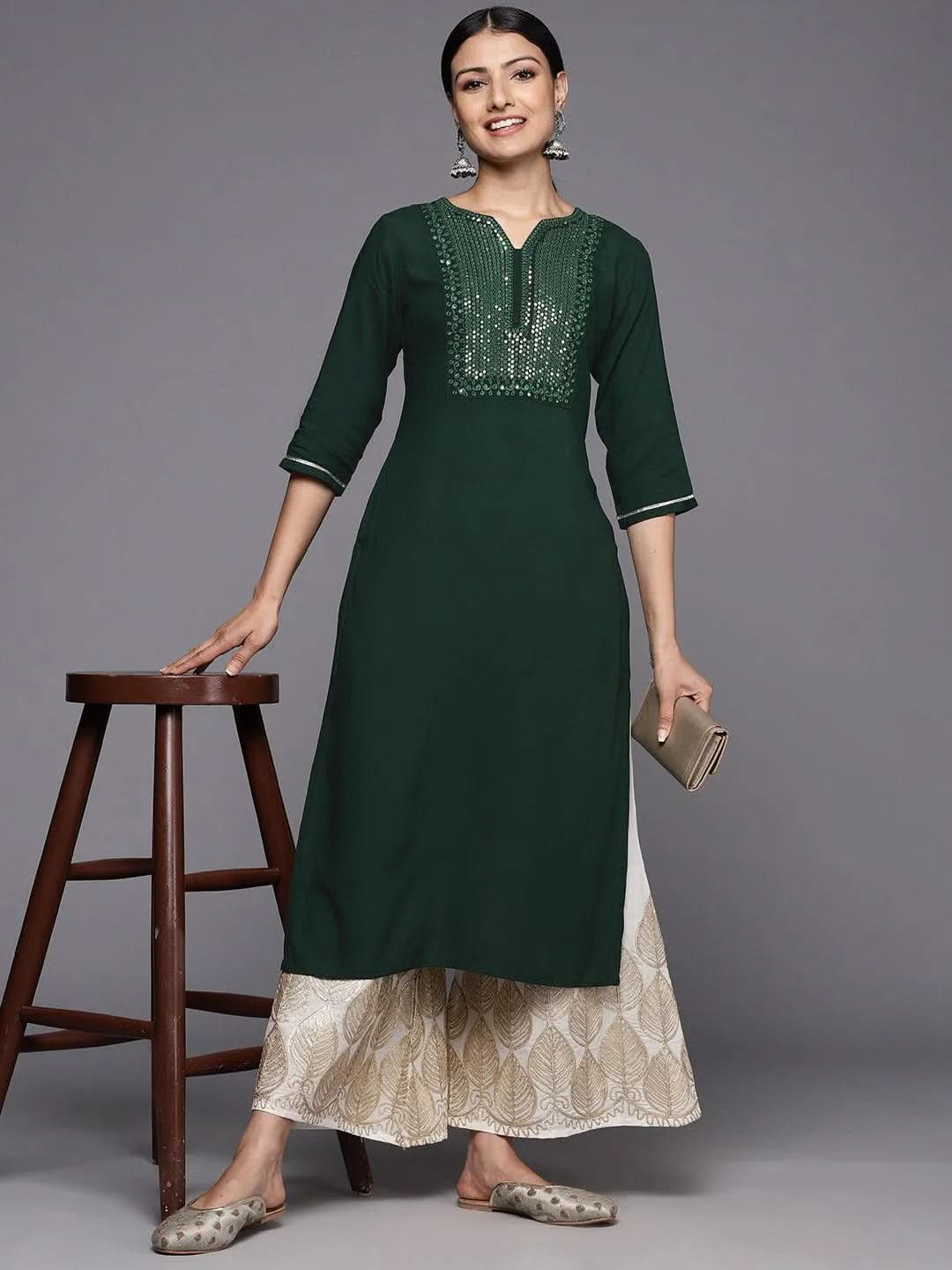 Green Yoke Design Rayon Straight Kurta - Libas