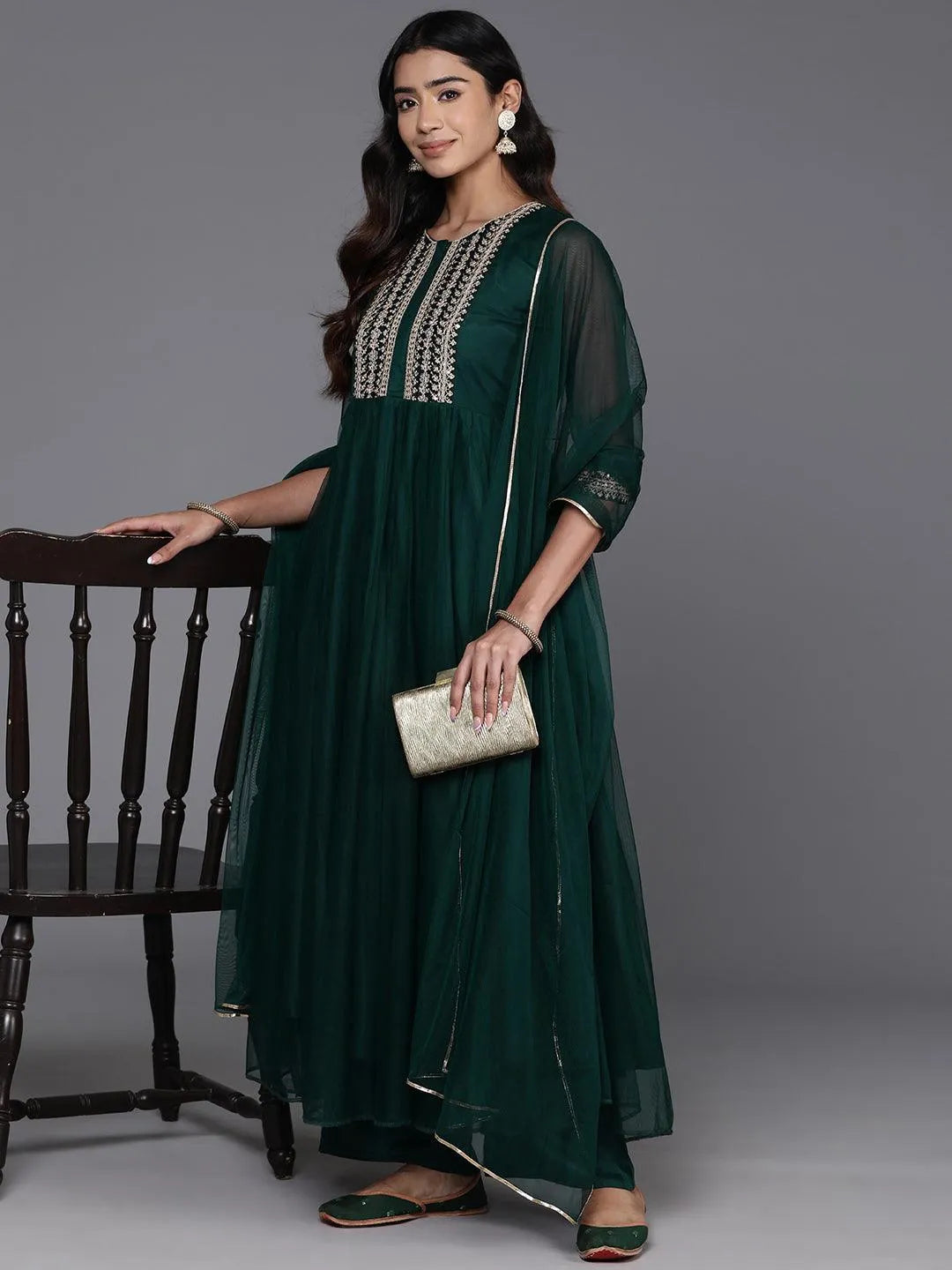 Green Yoke Design Shantoon A-Line Kurta With Palazzos & Dupatta Online at Rs.1519 | Libas