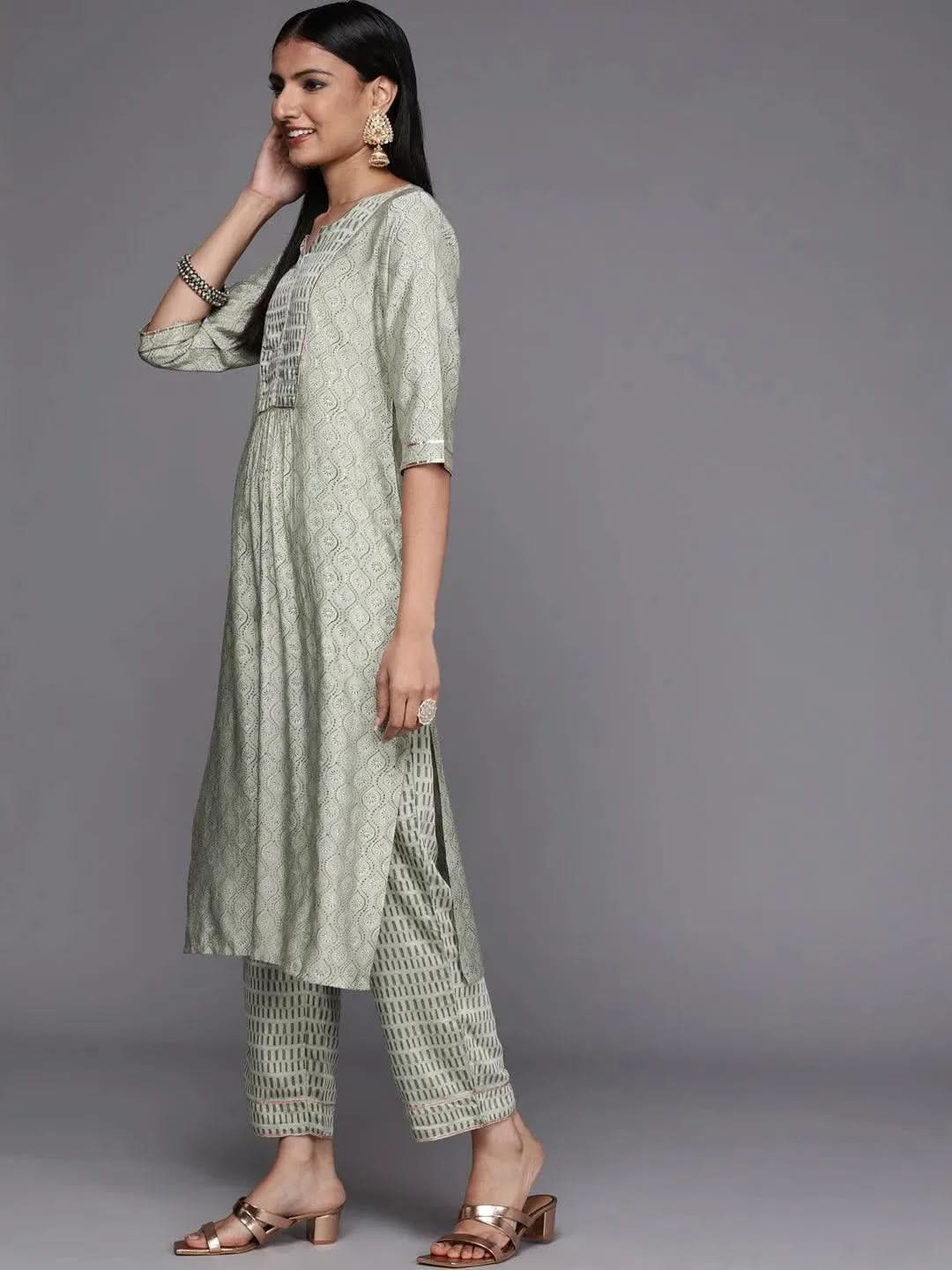 Green Yoke Design Silk Blend Straight Suit Set - Libas