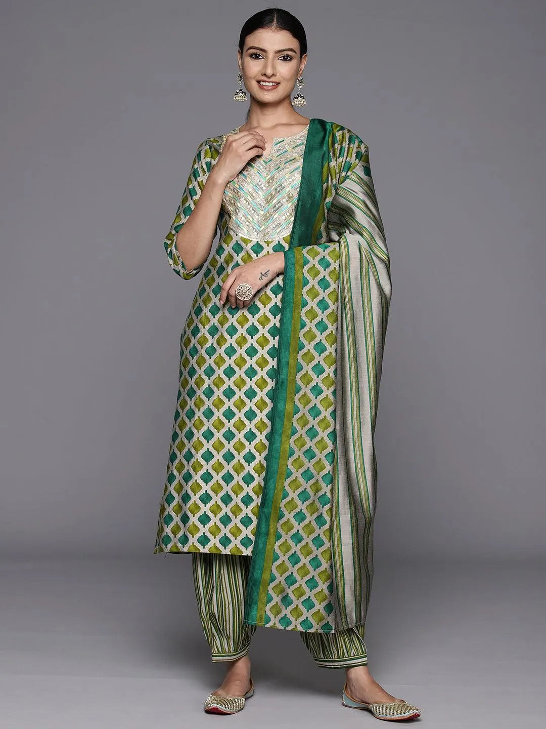 Green Yoke Design Silk Blend Straight Kurta With Salwar & Dupatta - Libas