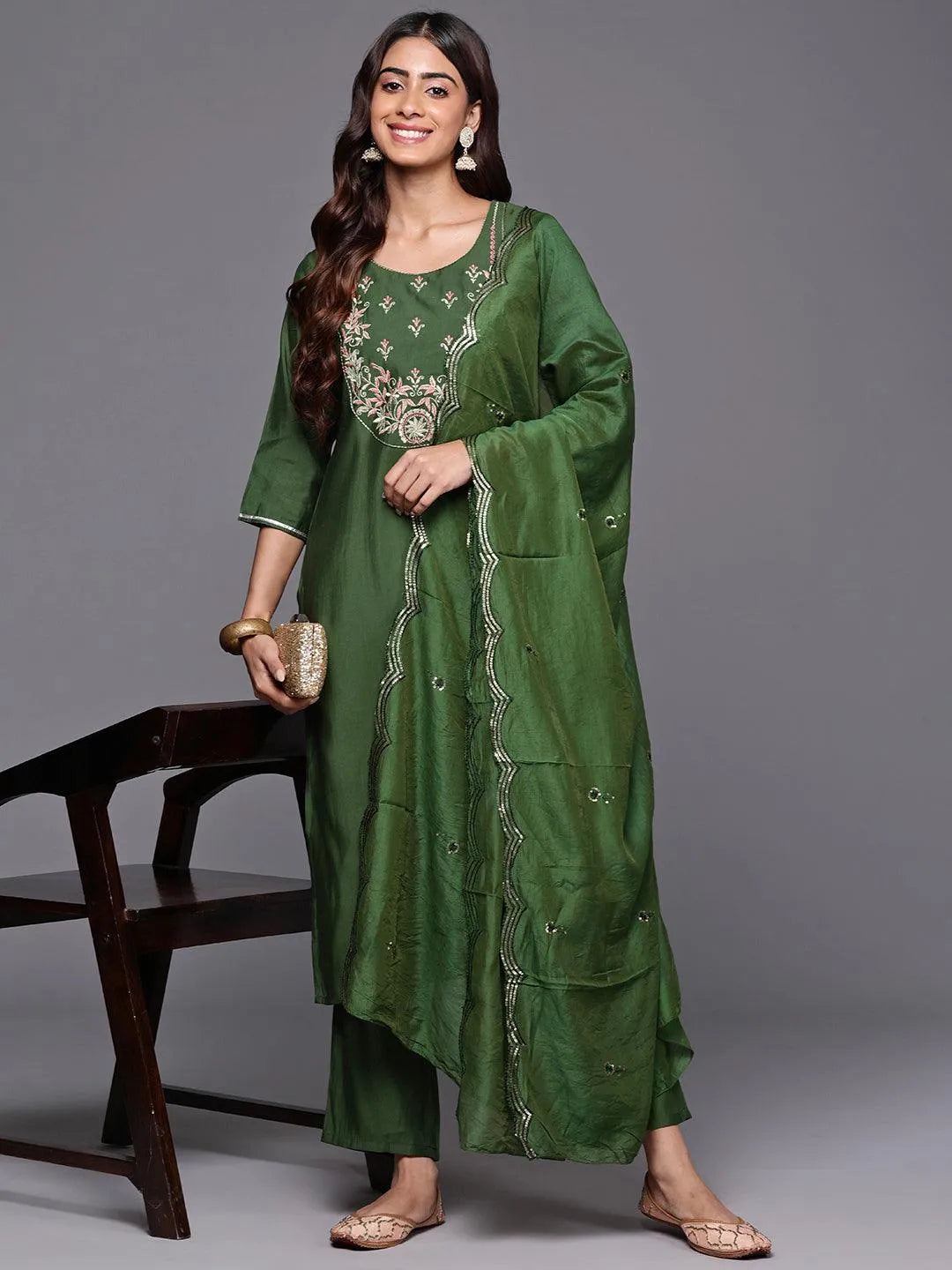 Green Yoke Design Silk Blend Straight Kurta With Trousers & Dupatta - Libas